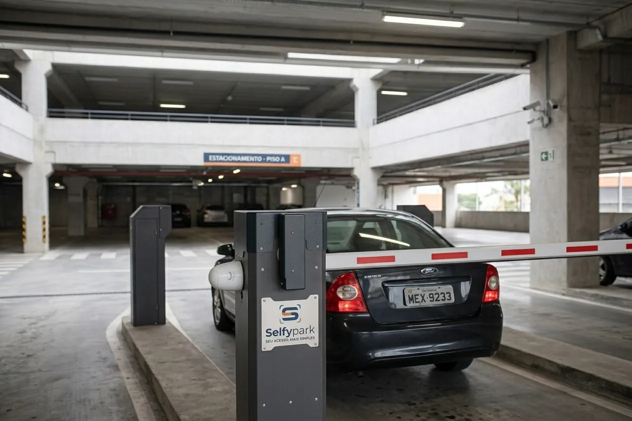 Cancela e totem Selfypark na entrada de uma garagem, com carro em passagem