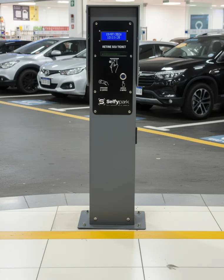 Totem Selfypark em estacionamento, com carros estacionados ao fundo