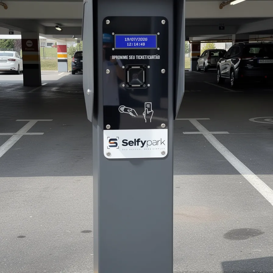 Painel do totem Selfypark com leitor de ticket e cartão